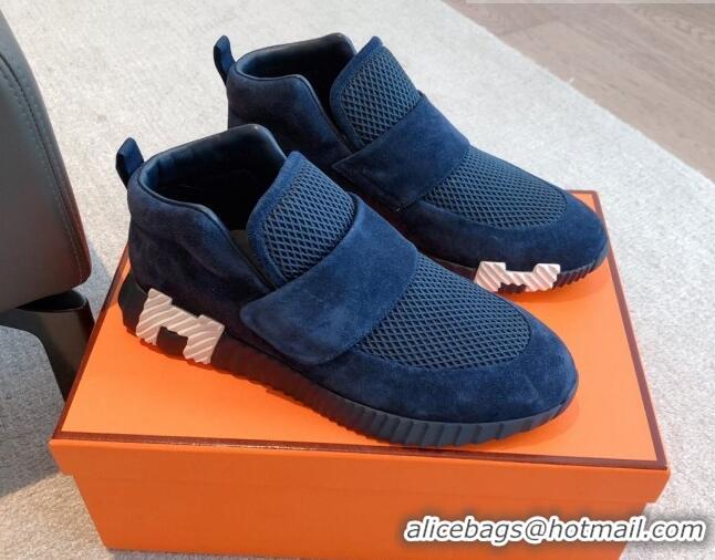 Luxurious Hermes H Sneakers in Suede and Mesh Dark Blue 918017