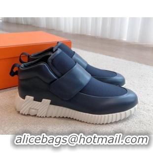 Grade Quality Hermes H Sneakers in Leather and Fabric Dark Blue 918019