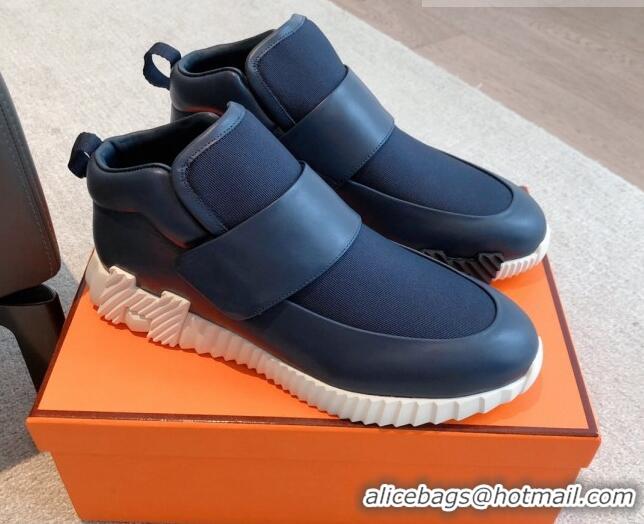 Grade Quality Hermes H Sneakers in Leather and Fabric Dark Blue 918019