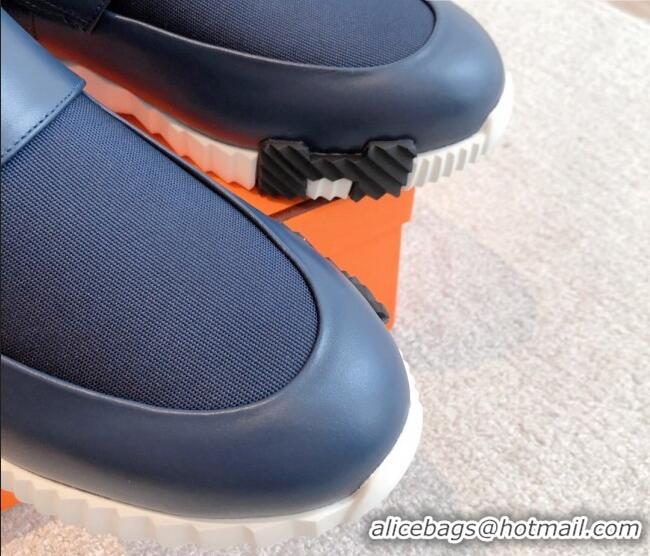 Grade Quality Hermes H Sneakers in Leather and Fabric Dark Blue 918019