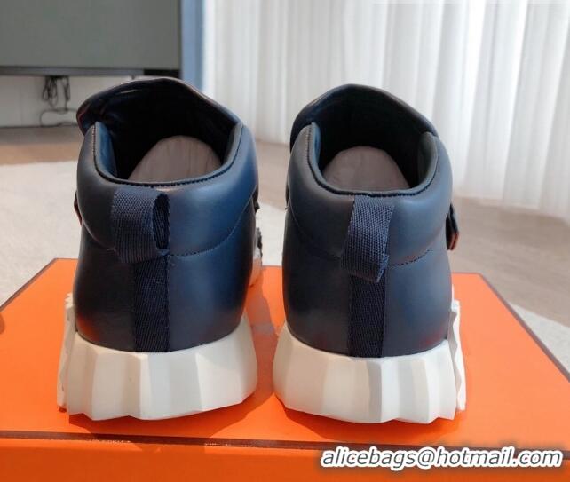 Grade Quality Hermes H Sneakers in Leather and Fabric Dark Blue 918019