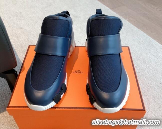 Grade Quality Hermes H Sneakers in Leather and Fabric Dark Blue 918019