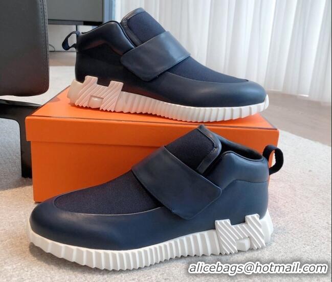 Grade Quality Hermes H Sneakers in Leather and Fabric Dark Blue 918019