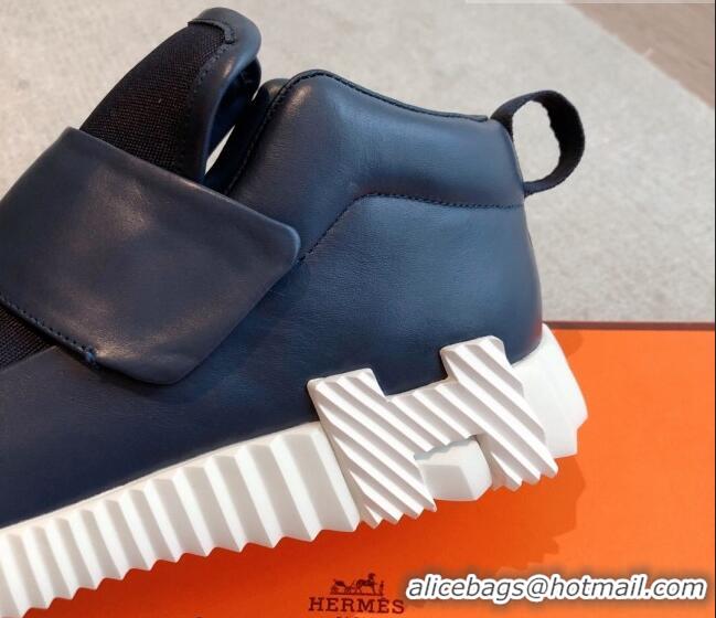 Grade Quality Hermes H Sneakers in Leather and Fabric Dark Blue 918019