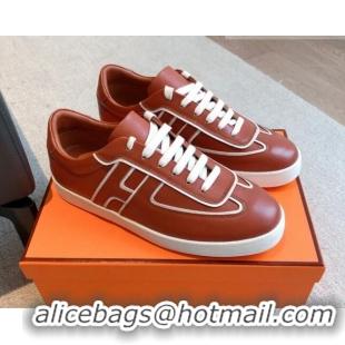 Unique Style Hermes Boomerang Sneakers in Grained Calfskin Brown 918024