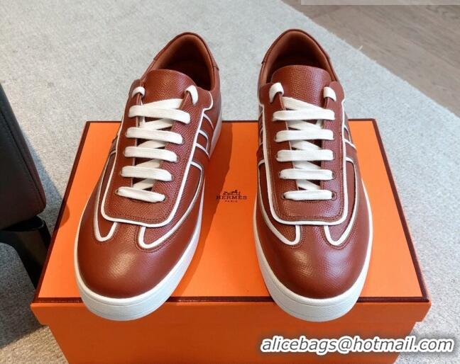 Unique Style Hermes Boomerang Sneakers in Grained Calfskin Brown 918024