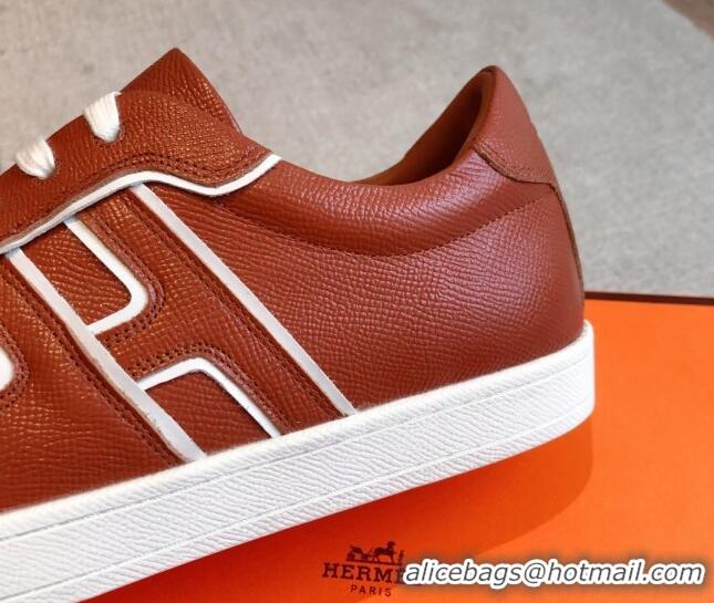 Unique Style Hermes Boomerang Sneakers in Grained Calfskin Brown 918024