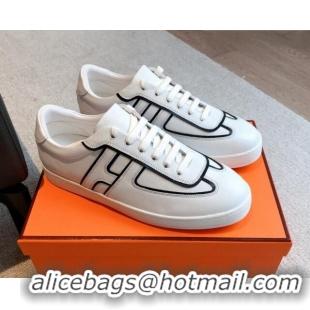 Best Product Hermes Boomerang Sneakers in Grained Calfskin White/Black 918025