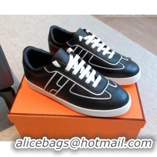 Trendy Design Hermes Boomerang Sneakers in Grained Calfskin Black/White 918026