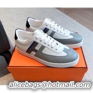 Top Grade Hermes Boomerang Sneakers in Grained Calfskin White/Grey 918027