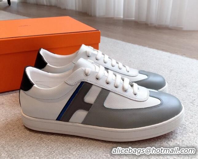 Top Grade Hermes Boomerang Sneakers in Grained Calfskin White/Grey 918027