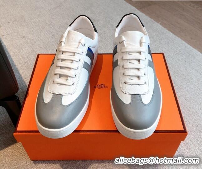 Top Grade Hermes Boomerang Sneakers in Grained Calfskin White/Grey 918027