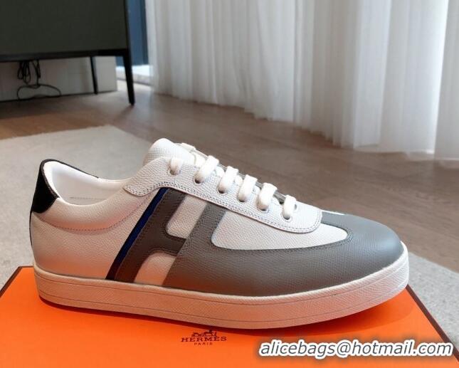 Top Grade Hermes Boomerang Sneakers in Grained Calfskin White/Grey 918027