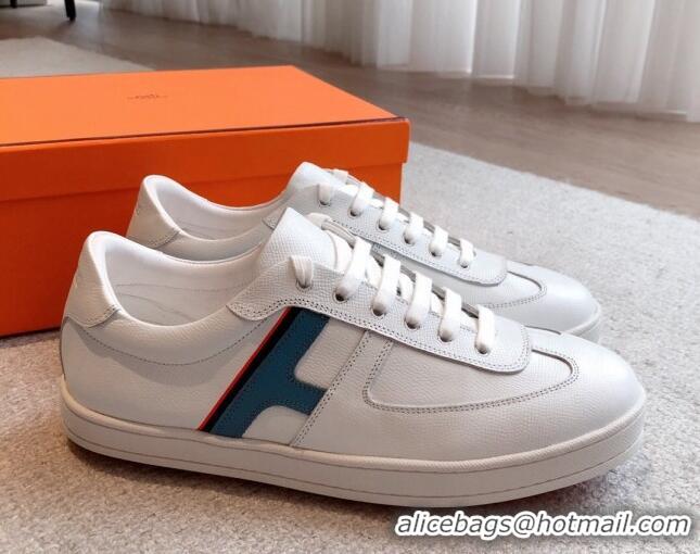 Good Quality Hermes Boomerang Sneakers in Grained Calfskin White/Blue 918028