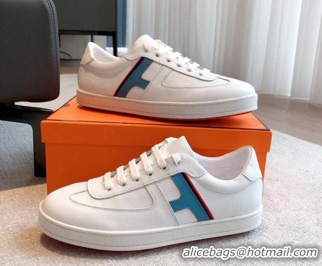 Good Quality Hermes Boomerang Sneakers in Grained Calfskin White/Blue 918028