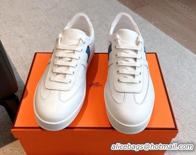 Good Quality Hermes Boomerang Sneakers in Grained Calfskin White/Blue 918028