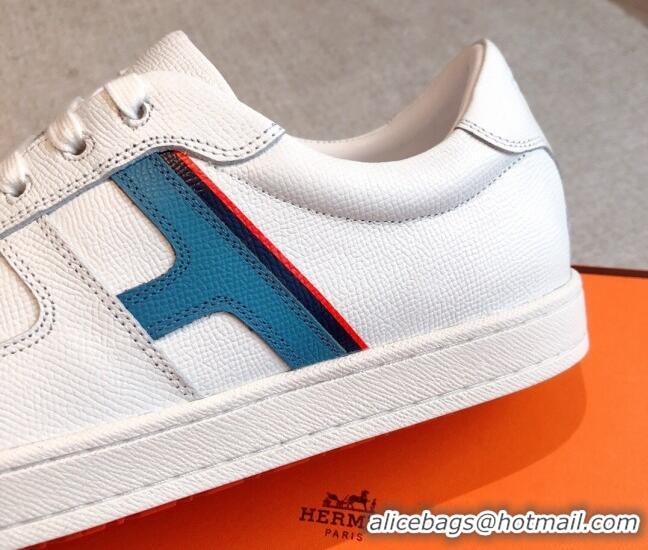 Good Quality Hermes Boomerang Sneakers in Grained Calfskin White/Blue 918028