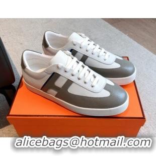 Luxurious Hermes Boomerang Sneakers in Grained Calfskin White/Grey 918029