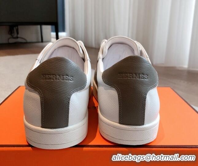 Luxurious Hermes Boomerang Sneakers in Grained Calfskin White/Grey 918029