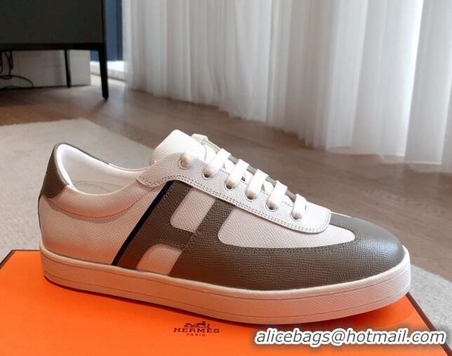 Luxurious Hermes Boomerang Sneakers in Grained Calfskin White/Grey 918029