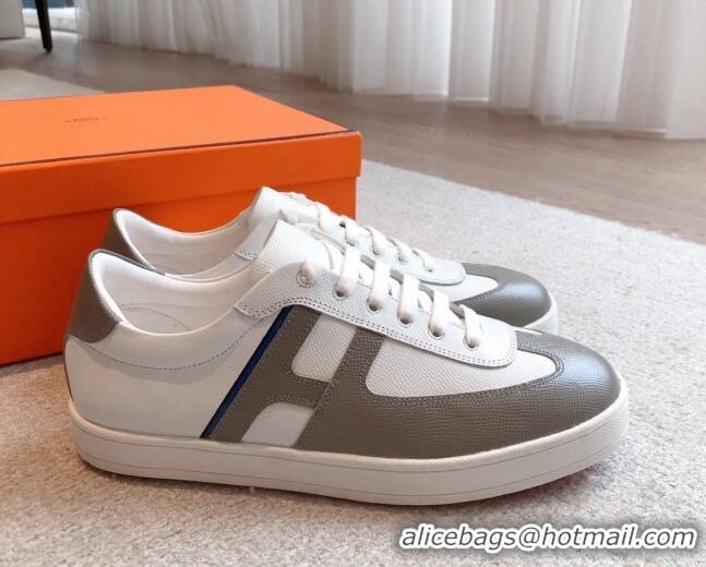 Luxurious Hermes Boomerang Sneakers in Grained Calfskin White/Grey 918029