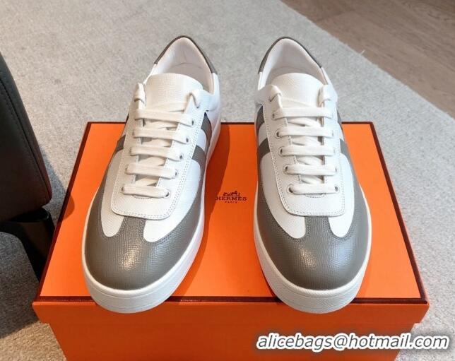 Luxurious Hermes Boomerang Sneakers in Grained Calfskin White/Grey 918029