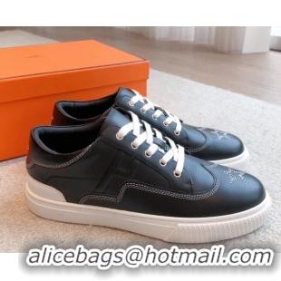 Perfect Hermes Calfskin Sneakers with Star Embroidery Black 918030