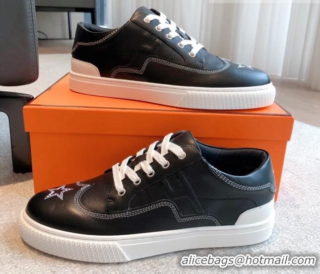 Perfect Hermes Calfskin Sneakers with Star Embroidery Black 918030