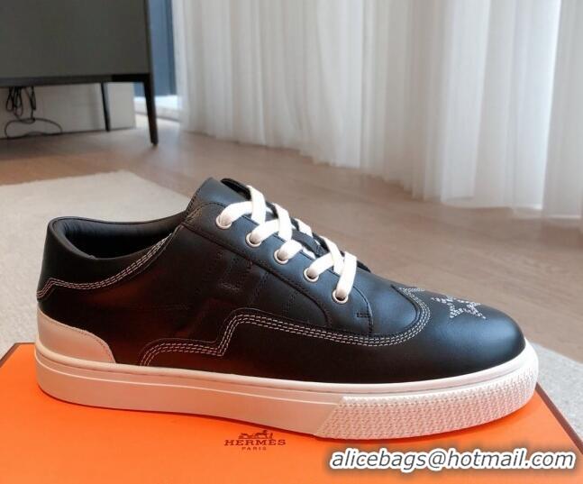 Perfect Hermes Calfskin Sneakers with Star Embroidery Black 918030