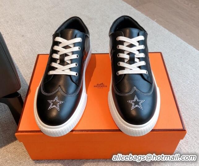 Perfect Hermes Calfskin Sneakers with Star Embroidery Black 918030