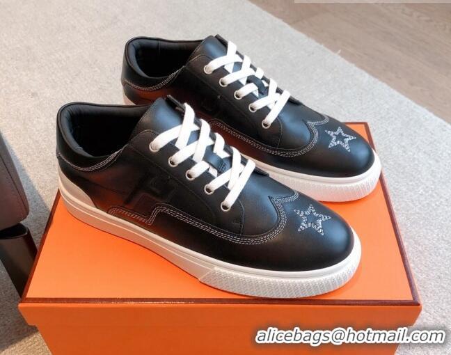 Perfect Hermes Calfskin Sneakers with Star Embroidery Black 918030