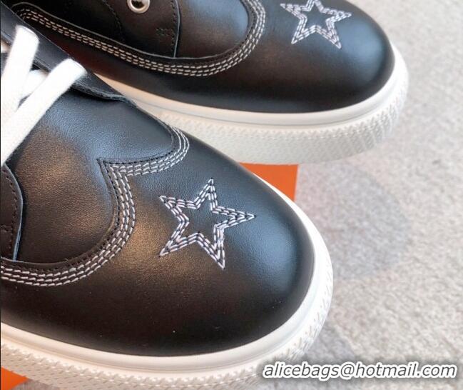 Perfect Hermes Calfskin Sneakers with Star Embroidery Black 918030