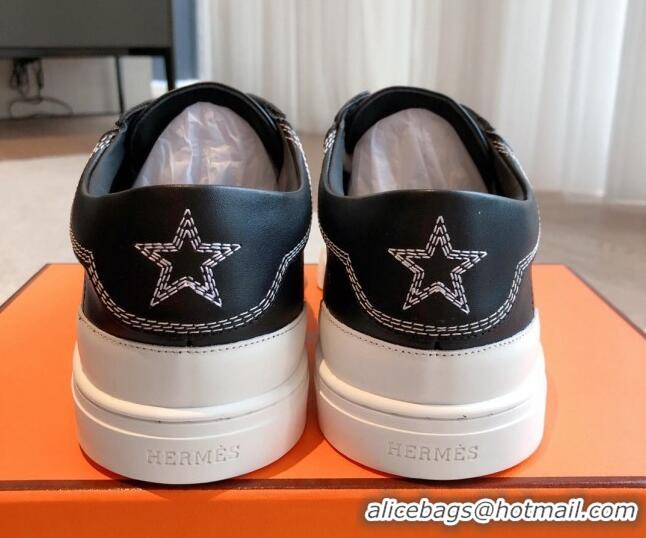 Perfect Hermes Calfskin Sneakers with Star Embroidery Black 918030