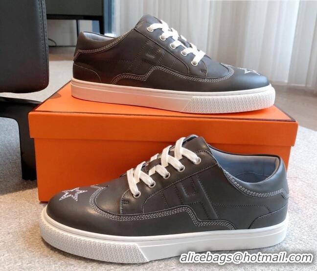 Best Quality Hermes Calfskin Sneakers with Star Embroidery Dark Grey 918031