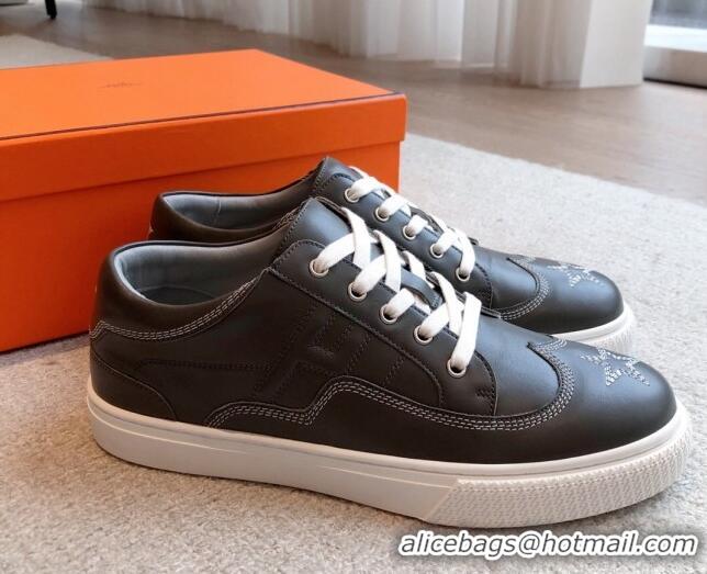 Best Quality Hermes Calfskin Sneakers with Star Embroidery Dark Grey 918031