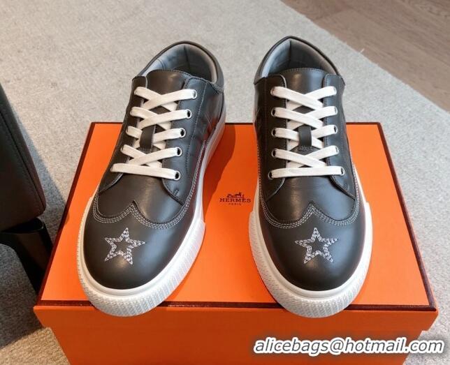 Best Quality Hermes Calfskin Sneakers with Star Embroidery Dark Grey 918031