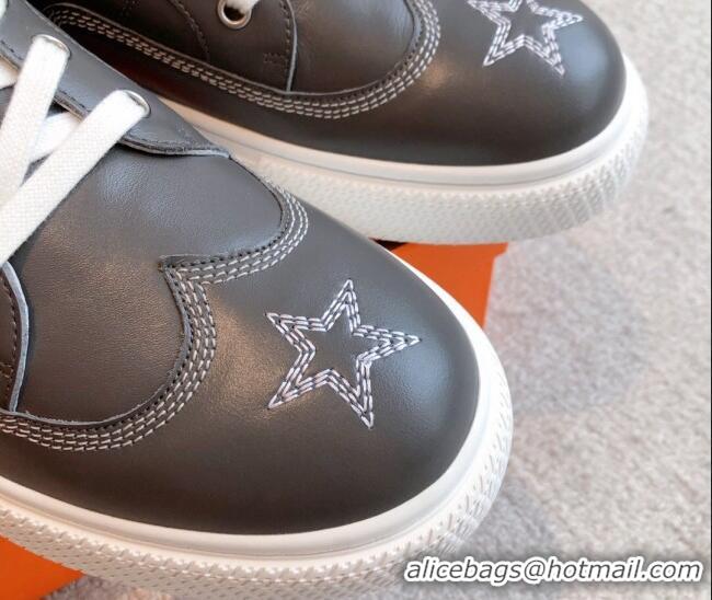 Best Quality Hermes Calfskin Sneakers with Star Embroidery Dark Grey 918031