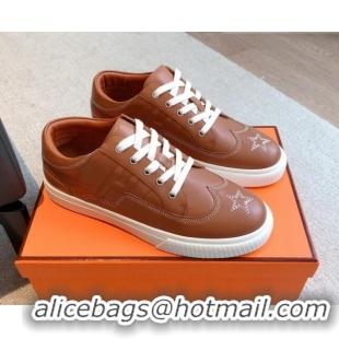 Popular Style Hermes Calfskin Sneakers with Star Embroidery Brown 918032