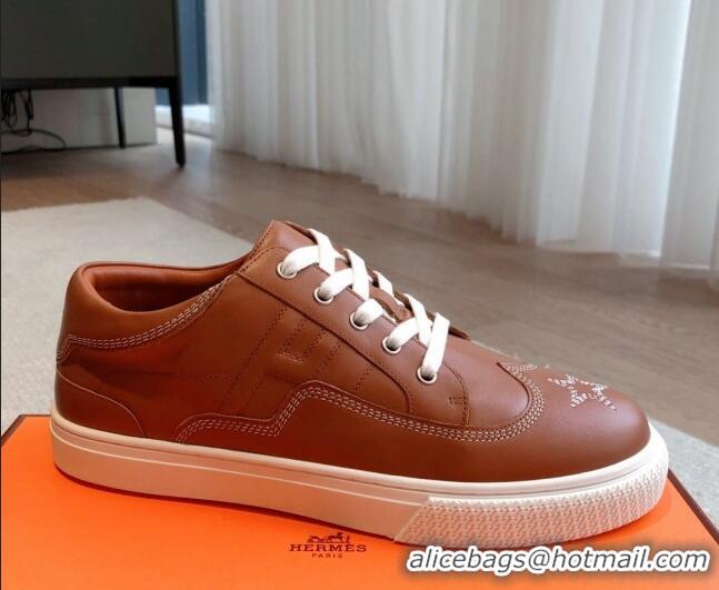 Popular Style Hermes Calfskin Sneakers with Star Embroidery Brown 918032