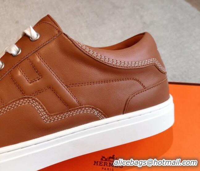 Popular Style Hermes Calfskin Sneakers with Star Embroidery Brown 918032