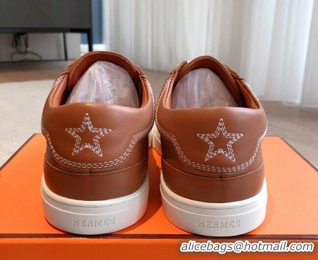 Popular Style Hermes Calfskin Sneakers with Star Embroidery Brown 918032