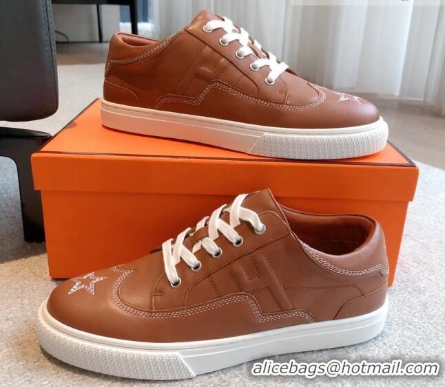 Popular Style Hermes Calfskin Sneakers with Star Embroidery Brown 918032