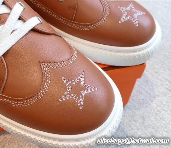 Popular Style Hermes Calfskin Sneakers with Star Embroidery Brown 918032