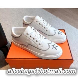 Pretty Style Hermes Calfskin Sneakers with Star Embroidery White 918033