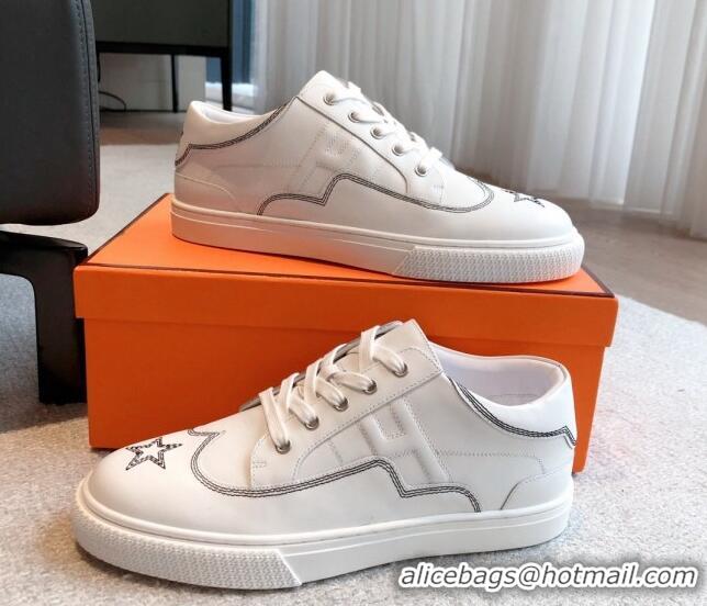 Pretty Style Hermes Calfskin Sneakers with Star Embroidery White 918033