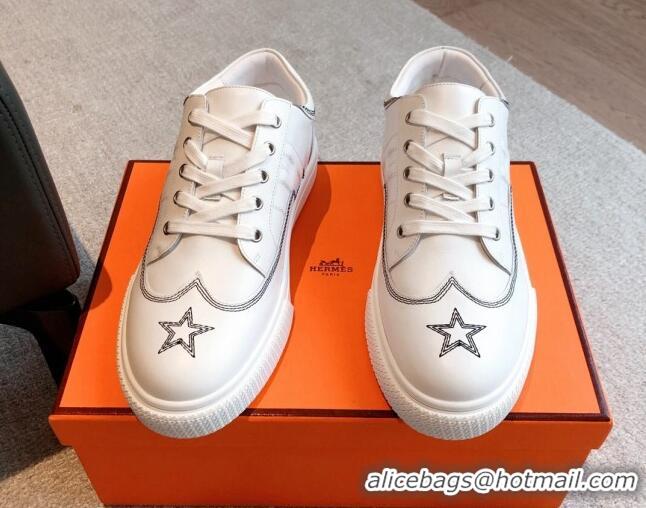 Pretty Style Hermes Calfskin Sneakers with Star Embroidery White 918033