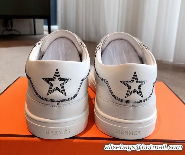 Pretty Style Hermes Calfskin Sneakers with Star Embroidery White 918033