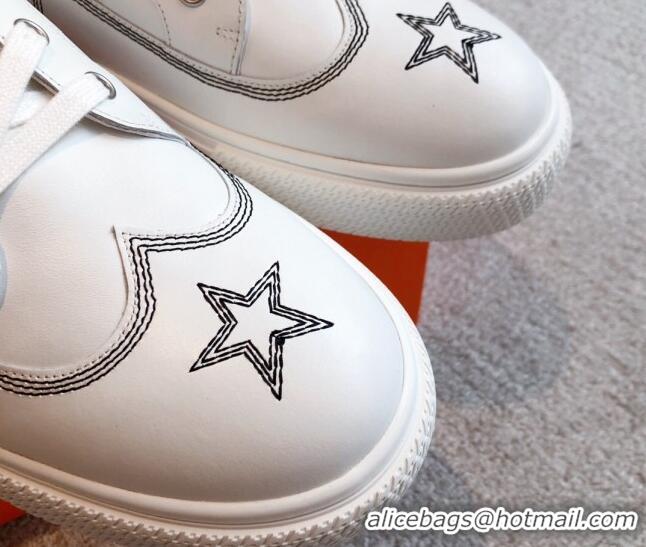 Pretty Style Hermes Calfskin Sneakers with Star Embroidery White 918033