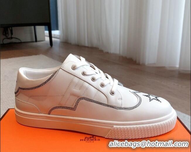 Pretty Style Hermes Calfskin Sneakers with Star Embroidery White 918033