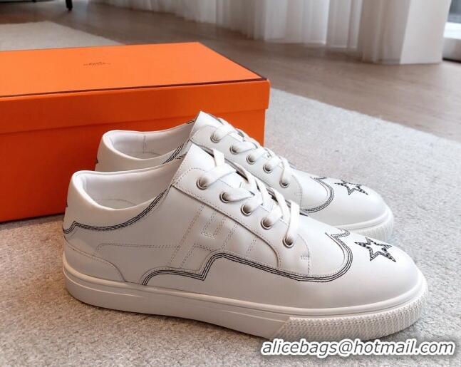 Pretty Style Hermes Calfskin Sneakers with Star Embroidery White 918033